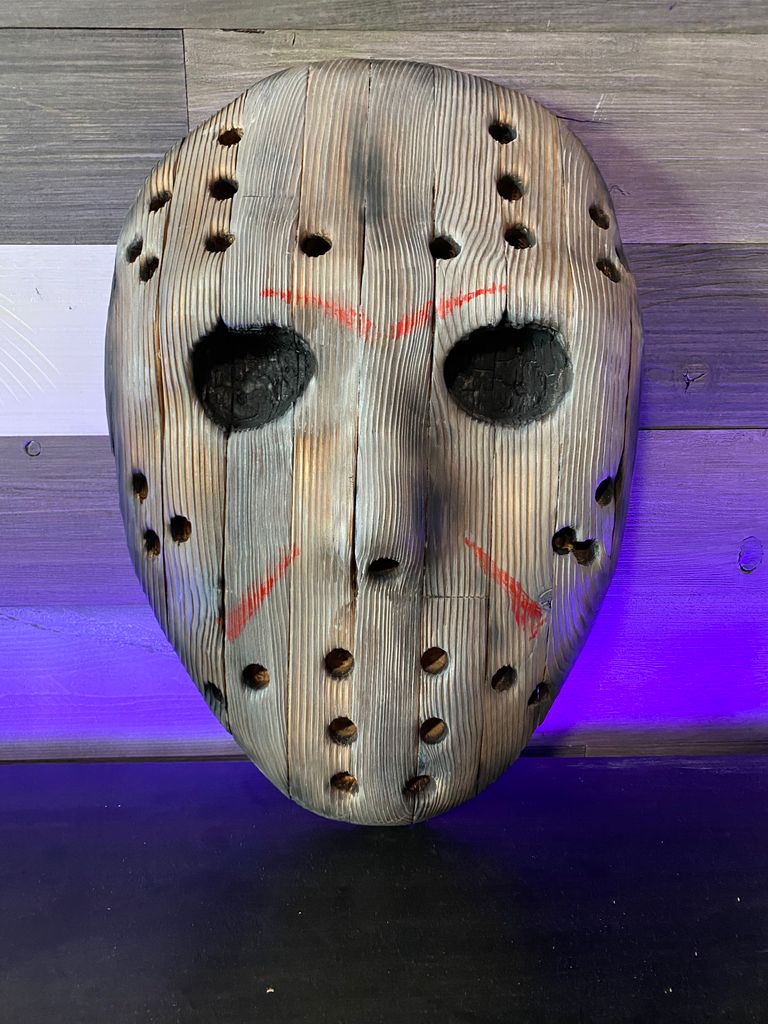 Hand-carved slasher-inspired wooden mask by ZS Woodworks
