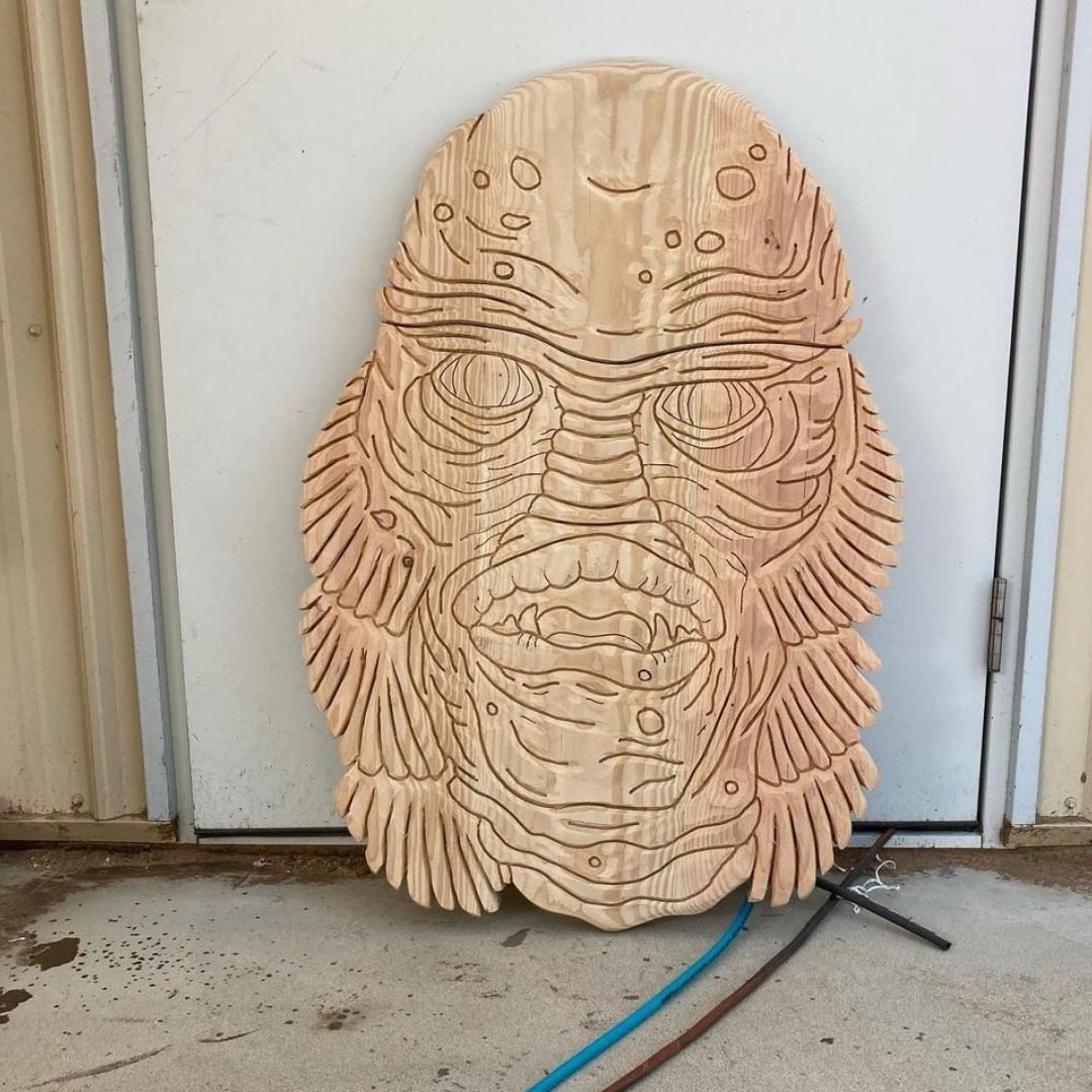 Unpainted creature mask after the form has been carved by Rusty Anchor Trading