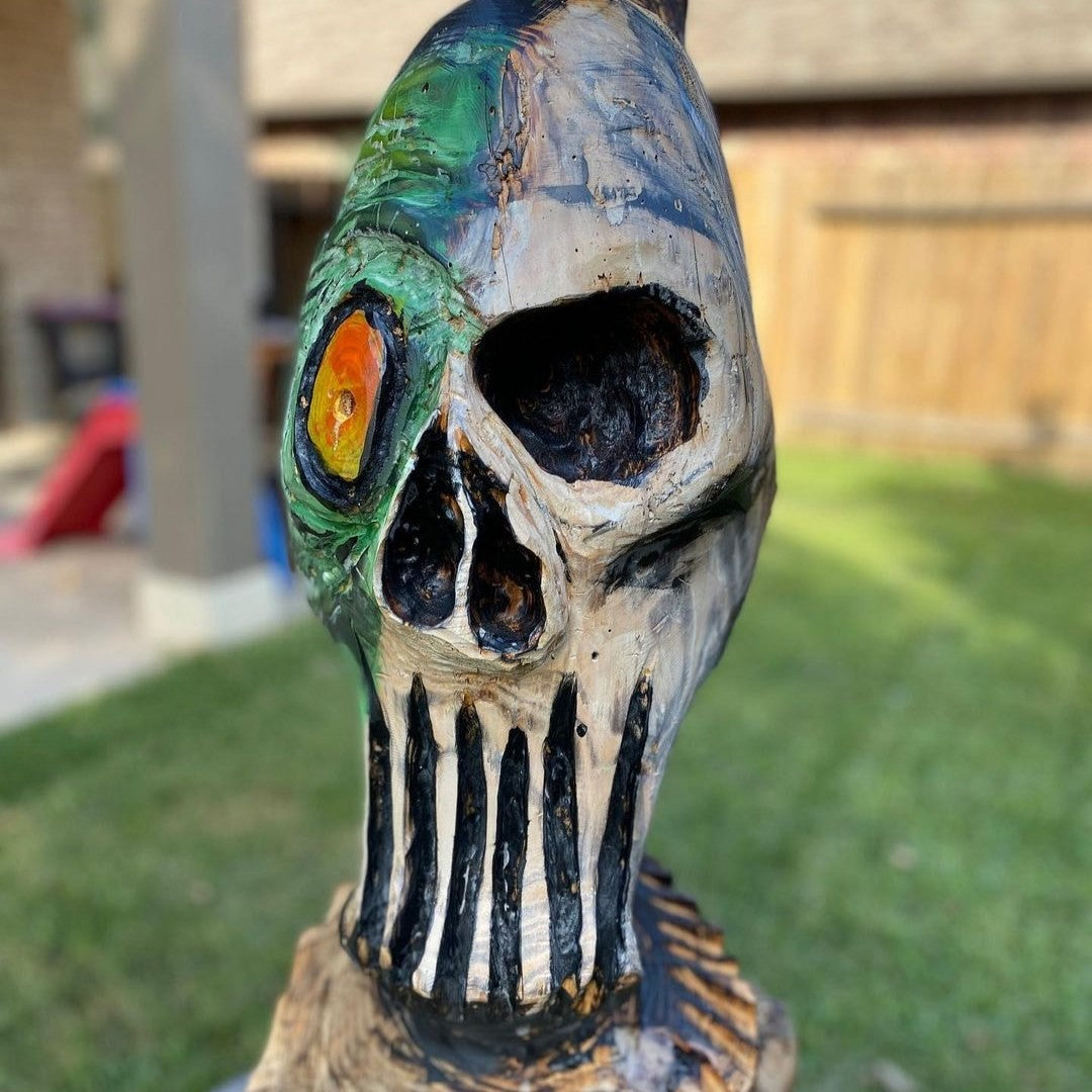 Blue skull-inspired carving by Build Dad Build