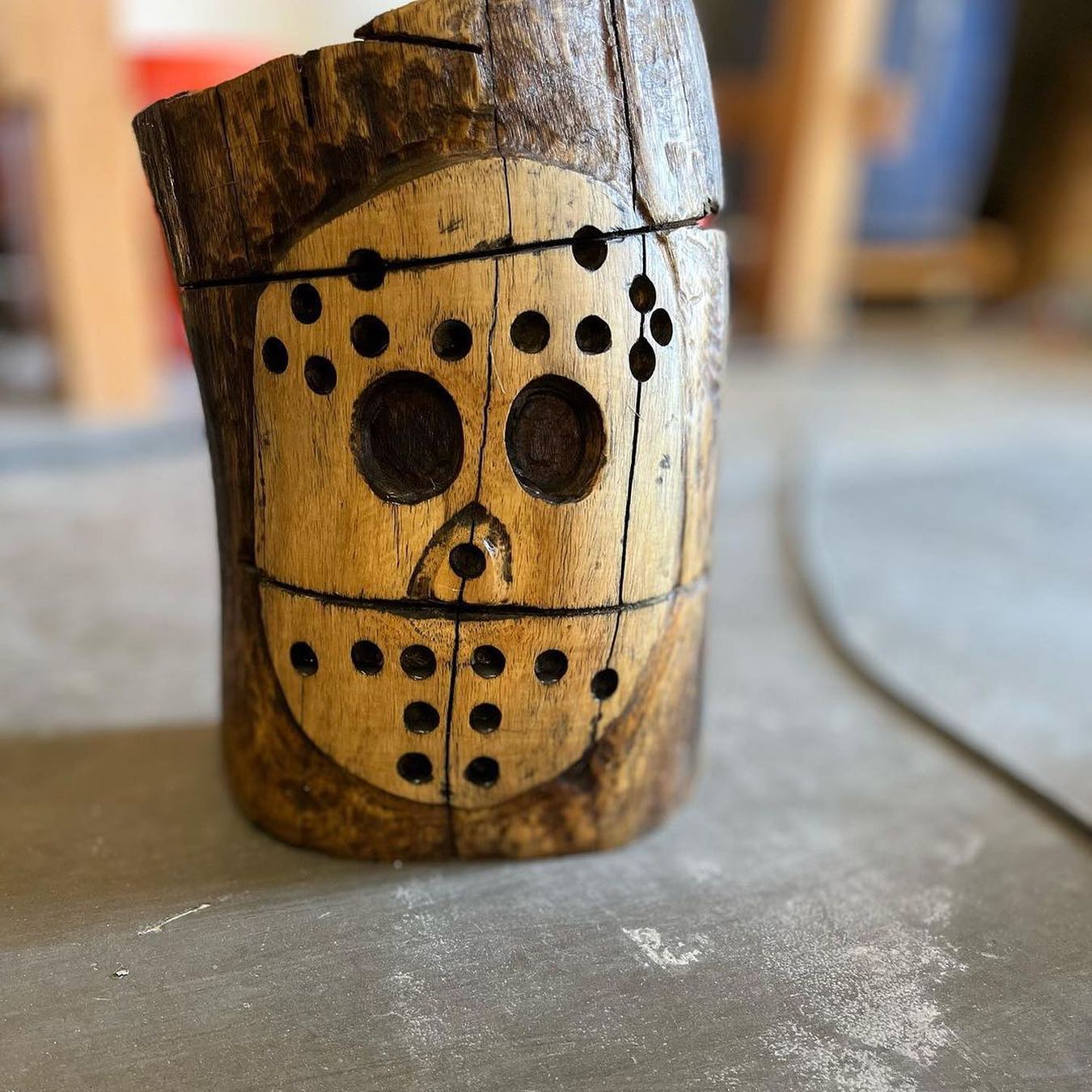 Jason-inspired carved wooden mask by Lumber Ox